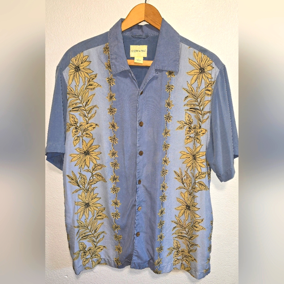 Joseph  Feiss Blue And Gold Floral Mens Silk Shirt